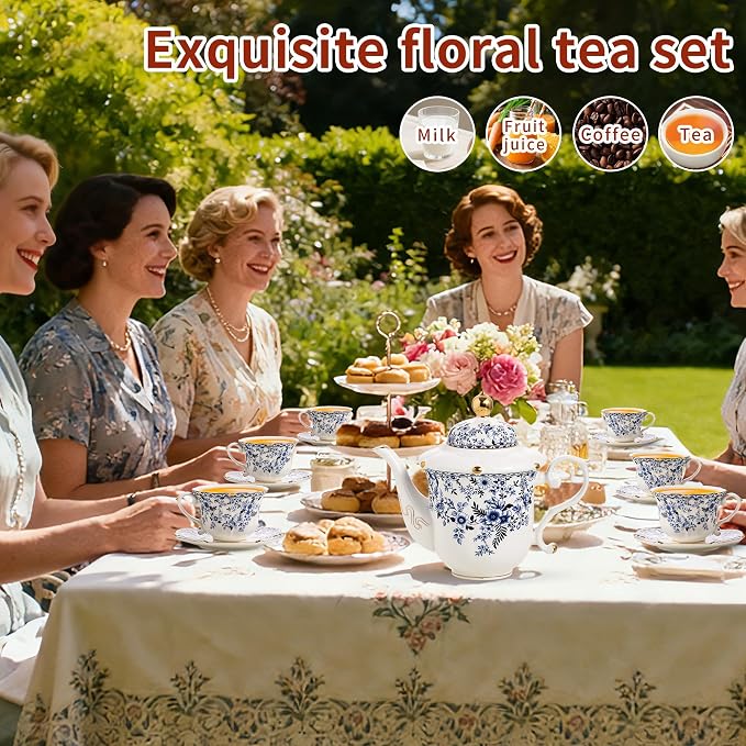 TATSUMI Country Roses Porcelain Tea Set, European Ceramic tea set for adults,Vintage Style, For Women and Tea Parties (BLUE, 13 Pieces Set)