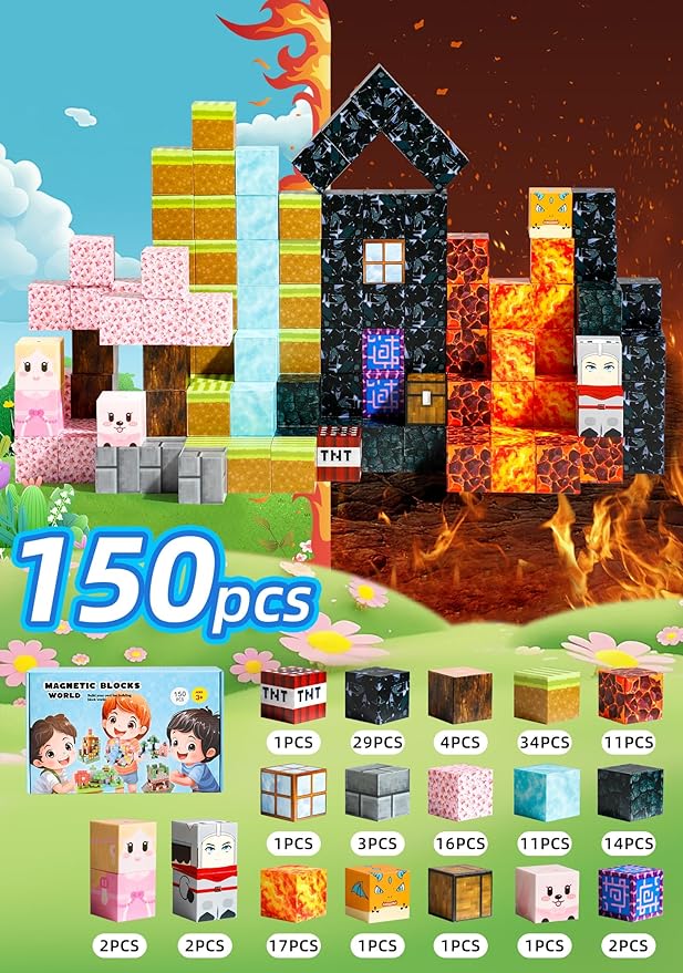 Magnetic Blocks - 150 PCS Build World Magic Portal Set - Magnetic Tiles Building Blocks Toddler Toys STEM Sensory Outdoor Toys for 3+ Year Old Boys & Girls, Creative Kids Games