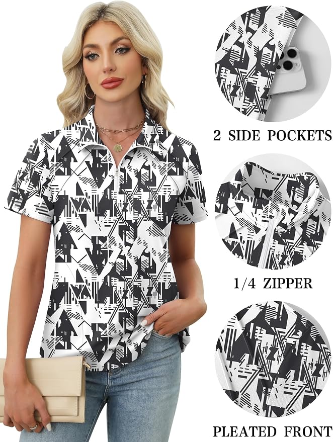 LOMON Womens Golf Polo Shirt Summer Short Sleeve Quarter Zip Outfit | Side-Pockets,Princess Seams,Cotton,Wrinkle Free,Moisture Wicking,Quick-Dry,Lightweight,Collared,for Tennis Workout