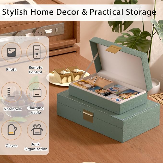 Decorative Storage Box Set of 2, PU Leather Organizer for Home Decor Green | Multi-Purpose Beautiful Decorative Container with Lids Store Photos, Documents, Memory Box Keepsakes Collect, ideal for Gifts