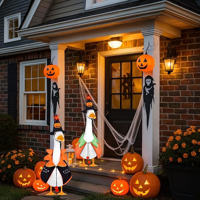 Halloween Porch Goose Outfit, 23inch Pumpkin Goose Costume, Fall Geese Clothes for Cement Geese Statue Outdoor Garden Yard Decor