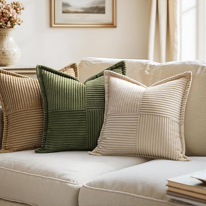 MIULEE Decorative Euro Sham Throw Pillow Covers 24x24 Inch Beige 2 Pack | Boho Broadside Striped Patchwork Pillow Covers, Soft Corduroy Cushion Cases, For Bed Couch Sofa Livingroom Home Decor