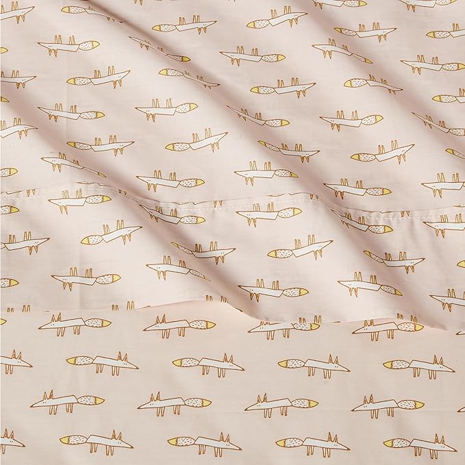 Amazon Basics 100% Organic Cotton Kids' Sheet Set with Pillowcase, Full Size, Pale Pink Fox