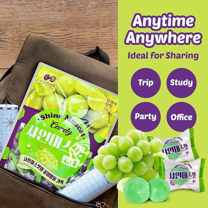 COELO Shine Muscat Grape Candy 8.81oz (250g) | Green Grape Flavor Premium Korean Fruit Treats Hard Candy Snack | Office Pantry Travel Camping Party K-Food Individually Wrapped On-The-Go Snack 샤인머스켓 캔디