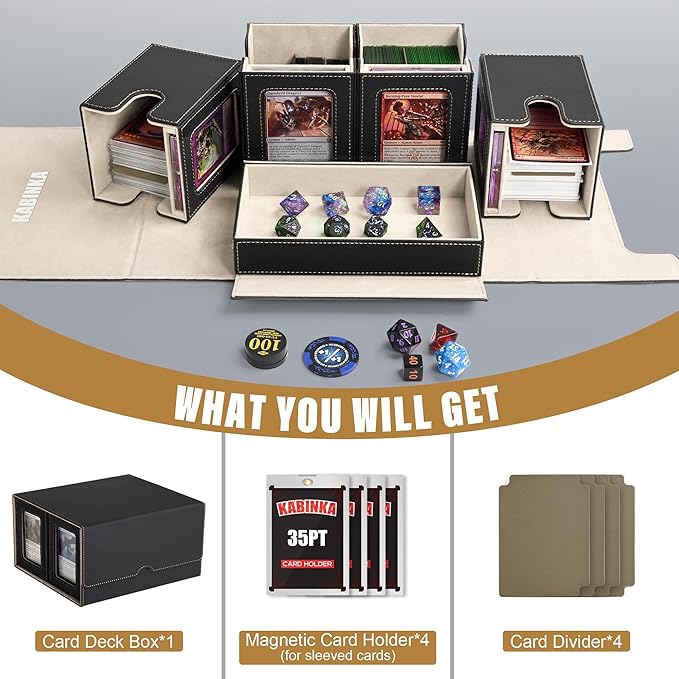 Kabinka Card Deck Box for MTG Commander, Holds 400+ Double-Sleeved Cards, 5 IN 1 Detachable Card Case with Dice Tray, Fits Magic/TCG Cards, 4 Magnetic Card Holders & Dividers (Black Gold)