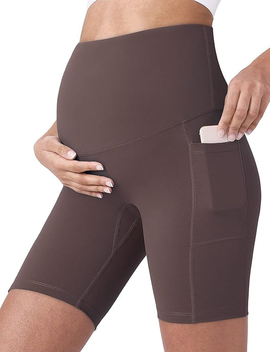 POSHDIVAH Women's Maternity Yoga Shorts Over The Belly Bump Summer Workout Running Active Short Pants with Pockets 5"/8"