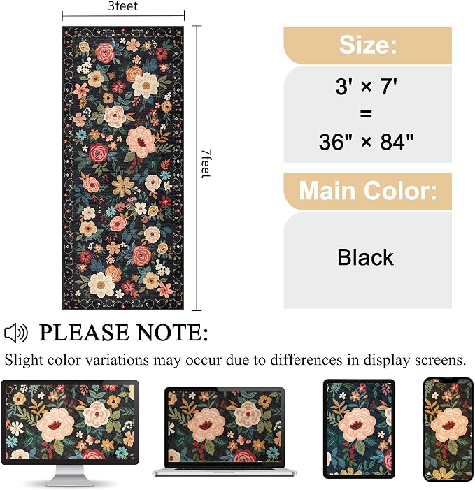 DUKINO 3x7 Kitchen Runner Rug, Washable Rug for Hallway Non Slip, Black | Floral, Low Pile, Soft Indoor Rug for Bedroom, Bathroom, Entryway, Laundry, Pet Friendly, Stain Resistant, Modern Home Decor