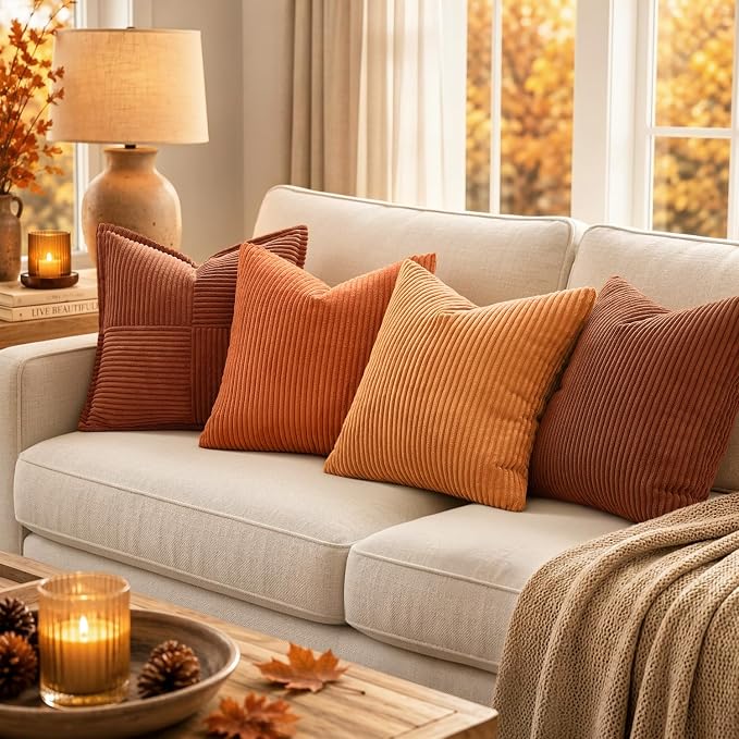 MIULEE Fall Decorative Corduroy Throw Pillow Covers Set of 2 20x20 Orange | Soft Striped Textured Cushion Cases, Boho Energetic Vibe Pillowcases for Home Decor, for Couch Chair Sofa Bed Living Room
