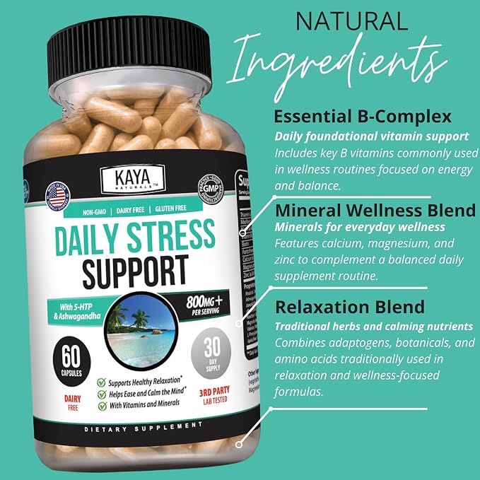 Kaya Naturals - Natural Herbal Stress Support Vitamin Supplement to Relax and Calm the Mind - Boost Mood - Happy Pills - Stress Relief Support - Vitamin Supplement - 60 Capsules
