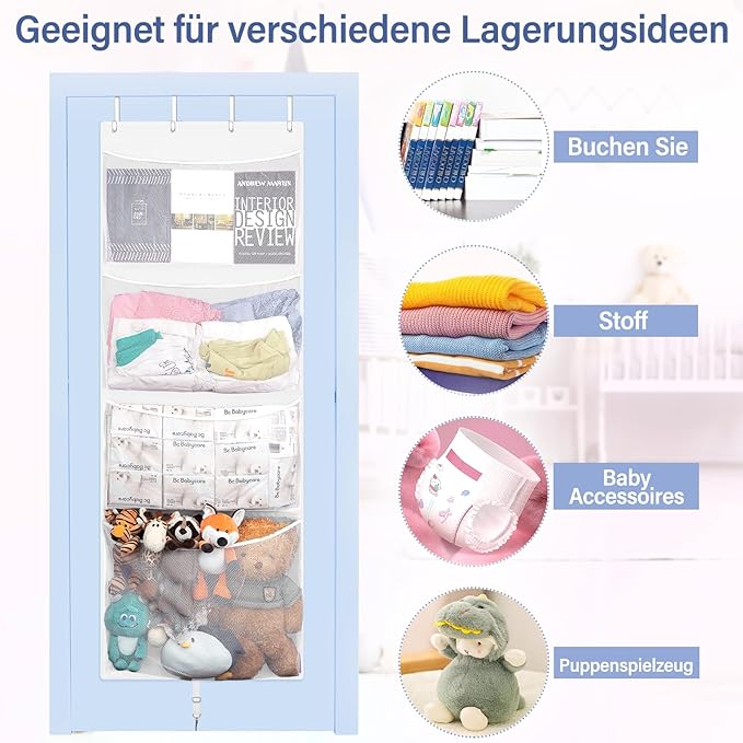Hanging Stuffed Animal Storage, Over Door Large Plush Toy Organizer with Metal Hook, Baby Accessory Holder Idea for Nursery, Doll & Bear Mesh Hammock Bag for Girl Boy Kid Room