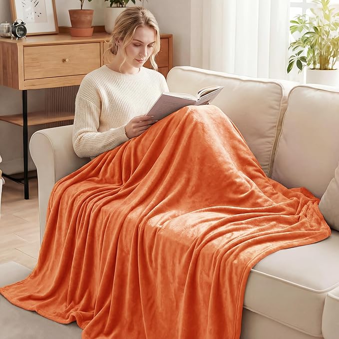 Exclusivo Mezcla Soft Fleece Blanket Queen Size for Bed, Burnt Orange | 90x90 Inches, Double-Sided Brushed Flannel, Lightweight Plush Cozy Blanket for Home Decor, All Season, Machine Washable
