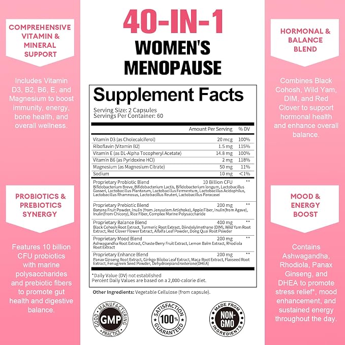 40-in-1 Menopause Supplements for Women, Multibenefit & Complete Black Cohosh for Hot Flashes, Night Sweats & Hormone Balance, w/ Probiotics, DIM, Vitex, Dong Quai, Red Clover and More, 120 Vegan Caps