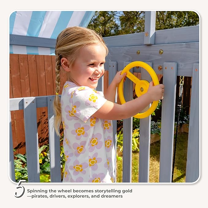 Teamson Kids Laguna Outdoor Wooden Swing Set with Slide, Rock Climbing Wall, Fireman Pole & Trapeze Bar, Gray & Aqua, Backyard Playset for Toddlers and Kids Ages 3–10