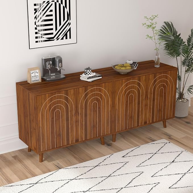 weselon 63" Sideboard Buffet Cabinet Set of 2, Modern Accent Cabinet with Carving Lines, Decorative Storage Cabinets for Living Room Kitchen Office and Hallway (Walnut, 2)