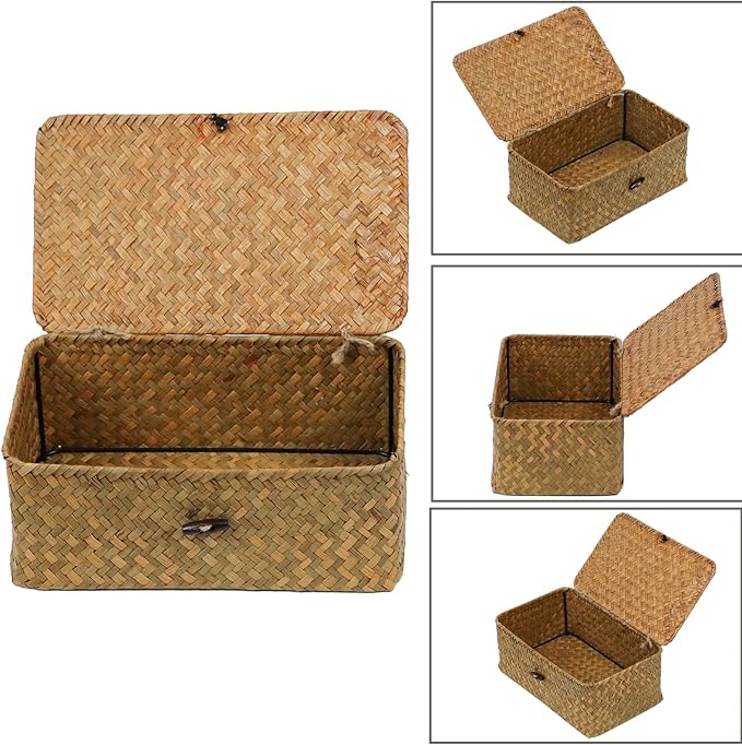 Seagrass Wicker Storage Basket with Lid, Medium, Natural | Shelf Baskets for Organizing, Rectangular Woven Bin Box, Multipurpose Home Storage, Natural Decor, 10.23 x 6.3 x 4.13