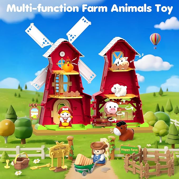 Farm Animals Barn Toys for 1 2 3 Year Old, Montessori Learning Toy for Toddlers, Farm Playset with Animal Figures and Accessories, Christmas Birthday Gift for Boys Girls Baby 12-18 Months