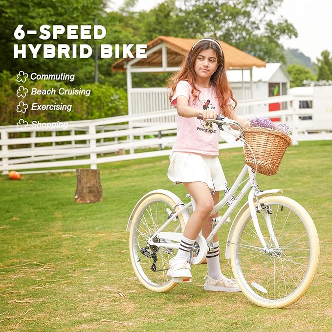 Glerc 20 24 26 Inch Beach Cruiser Bike, 6-Speed Hybrid City Bicycle for Girls Youth and Over 6 Years Old, Missy Bike with Wicker Basket & Lightweight, Multiple Colors