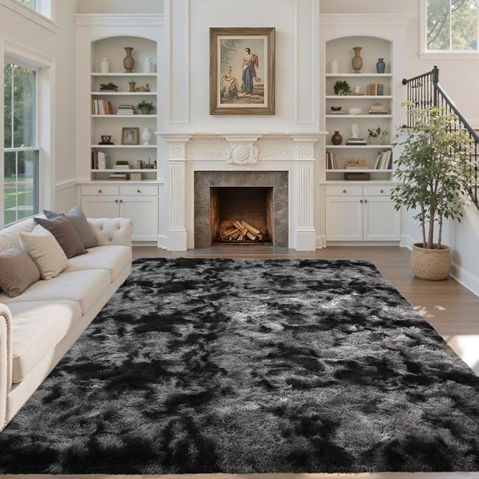 6x9 Ft Large Shag Rug for Living Room Bedroom,Tie-Dyed Ultra Soft Fluffy Furry Area Rug, Aesthetic Carpet for Indoor Floor Home Decor(Dark Grey)