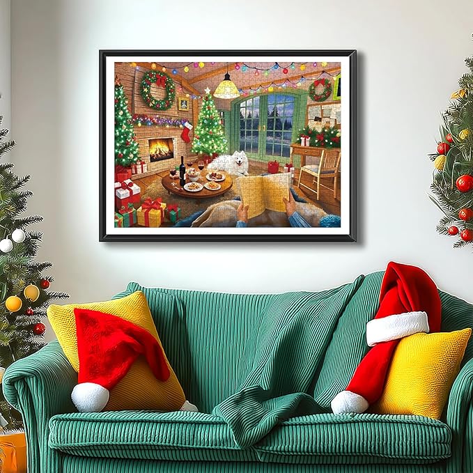 Christmas Cozy Living Room 300 Piece Puzzle for Adults, Fun Puzzles for Adults 300 Pieces with HD Print & Poster, 17"x11" Dust Free, for Gifts Halloween Christmas Family Games Lovers