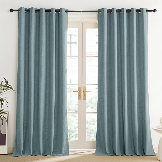 NICETOWN 100% Absolutely Blackout Linen Curtains with Thermal Insulated Liner, Skylark Blue, 62" Wide, 108" Length Energy Saving Curtains for Living Room 2 Panels Set, Vertical Blinds