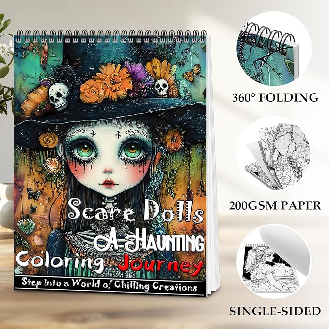 Horror Coloring Book for Adults Relaxation, 24 Pages Adult Coloring Books for Women Stress Relief, Spiral Bound Coloring Books, Relaxing Gift for Women, Single-Sided Coloring Book of Scare Style