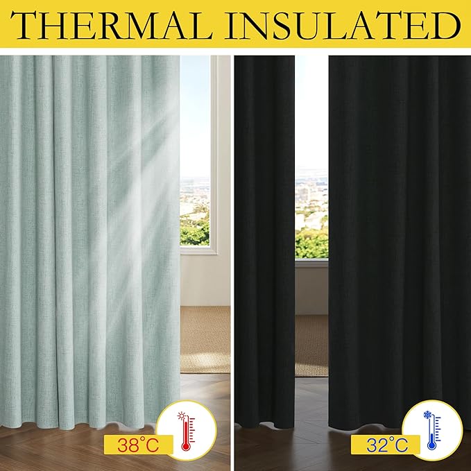 NICETOWN Seafoam Green Short 100% Blackout Curtains 63" Lenghth Burg for Kitchen, Burlap Linen Drapes with Thermal Insulated Grey Liner, Keeping Out Cold Air and Heat Panels (Set of 2, 52" Width)