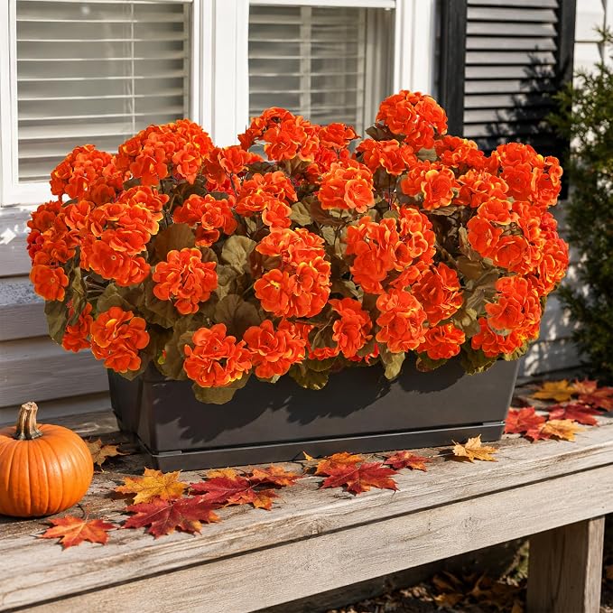 Fake Geraniums Artificial Flowers for Outdoors Fall Autumn Decoration, 6 Bundles Silk Geraniums Look Real Faux Fall Flowers Plants for Front Door Garden Planter Patio Balcony Yard Home Indoor, Orange