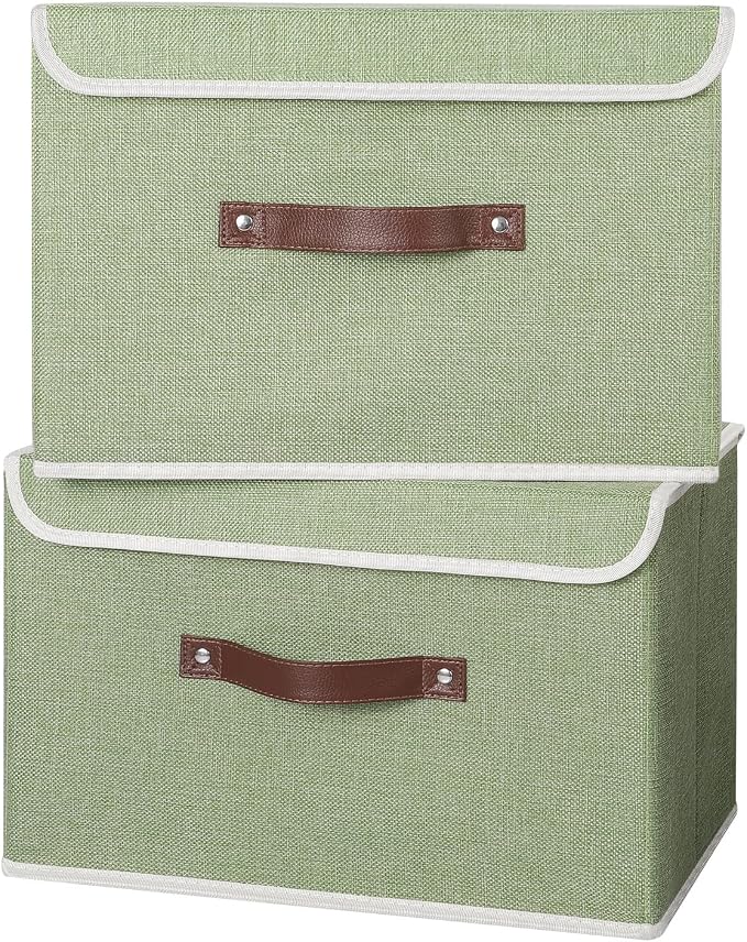 ANMINY Fabric Storage Box Bins with Lids, Green, 15"x10"x10", 4 Pack | Keepsake Memory Storage, Cotton Linen, PP Board Reinforced, Washable, PU Handles, Foldable & Stackable, Decorative, Large