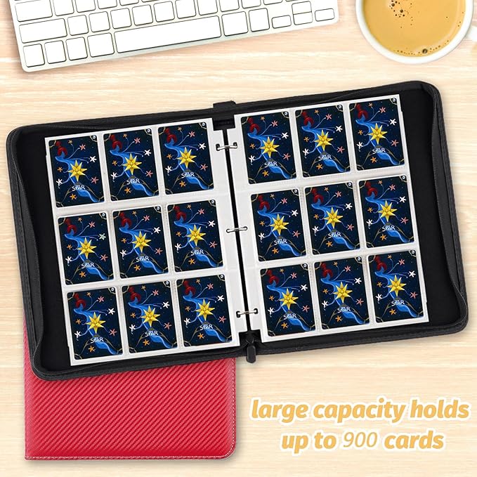 Trading Card Binder, 900 Pockets Card Binder, 9-Poccket Sided Pocket Sports Card Binder, Premium Card Binders Compatible with MTG, TCG, Baseball Cards(Carbon Red)