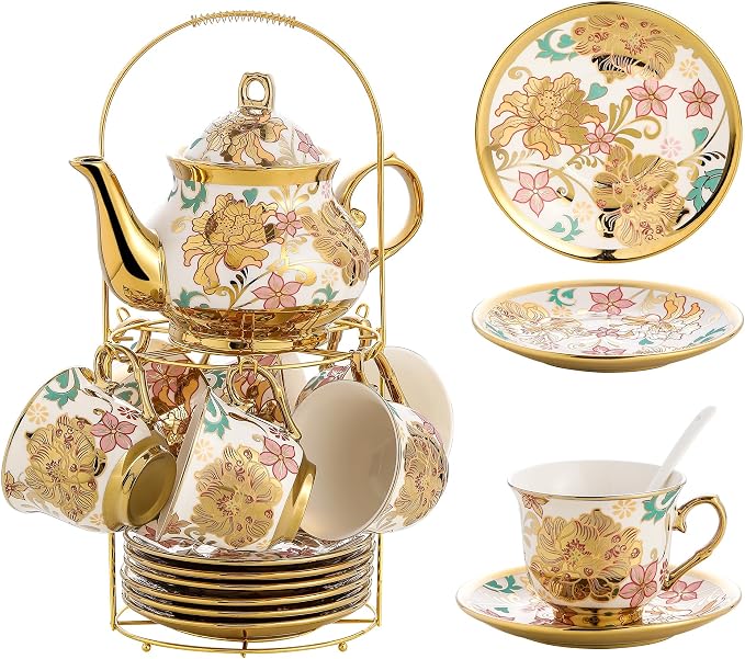 20 Pieces Porcelain Tea Set With Metal Holder, European Ceramic tea set for adults,Flower Tea Set,Tea Set For Women With Flower Painting