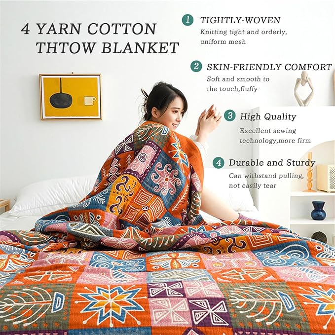 MSGKV Boho Throw Blanket 60"x80" 100% Cotton Checkered Throw for Couch | 100% Cotton Throw, Checkered Pattern, Reversible Woven, Lightweight Comfort, Farmhouse Decor, All Seasons, Machine Washable