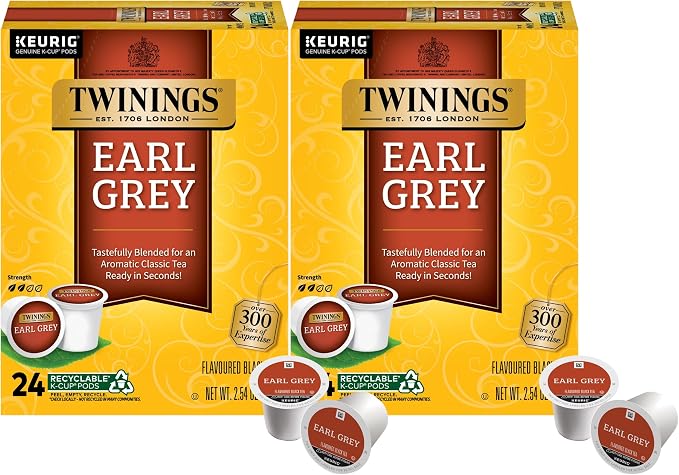 Twinings Earl Grey Black Tea K-Cup Pods for Keurig, 24 Count (Pack of 2), Flavoured with Citrus and Bergamot, Caffeinated, Enjoy Hot or Iced