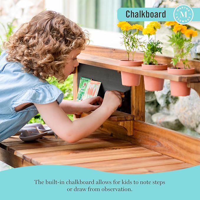 Martha Stewart Kids Outdoor Potting Bench: Acacia Wood Kids Gardening Set with Pots, Garden Tools, Soil Bin and Open Shelves | Wide Extendable Workspace | Wooden Backyard Playset for Outdoor Activity