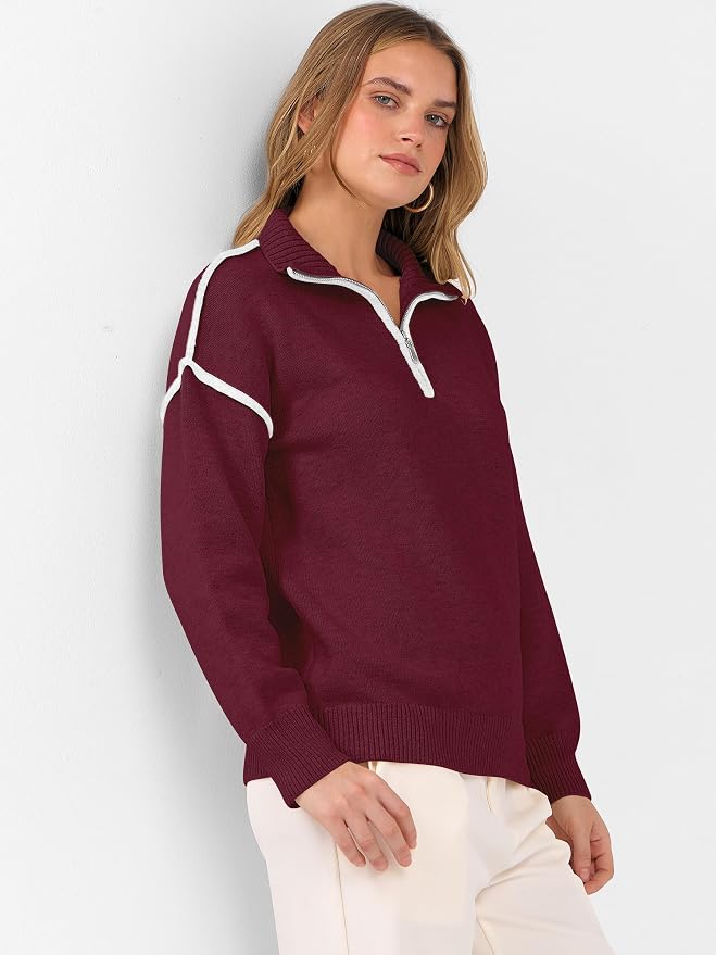 ANRABESS Womens Quarter Zip Sweaters Fall Long Sleeve V Neck Shirts Collared Business Casual Tops Knit Pullover Sweatshirts
