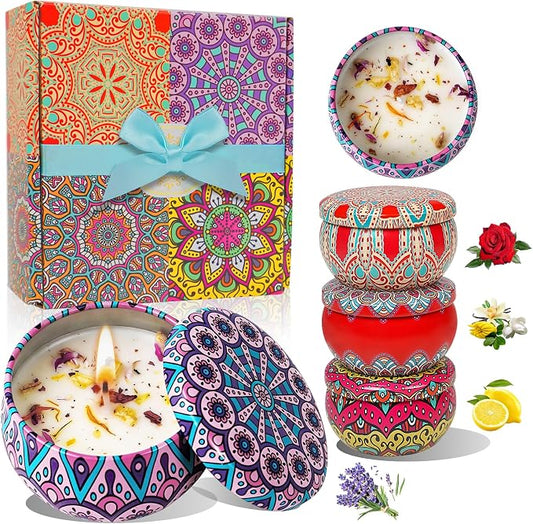 4 Pack Scented Candles for Women Gift- 8% Essential Oil Aromatherapy Candle Set, 50H Long Lasting Natural Soy Wax Candles, Travel Tin Gift Box for Stress Relief Spa Yoga Birthday Housewarming