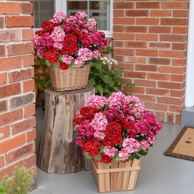 Artificial Geraniums Fake Flowers for Outdoors Decoration, 6 Bundles Silk Geraniums Flower UV Resistant Look Real Faux Plants for Front Door Garden Porch Planter Patio Balcony Yard Indoor Home, Mix