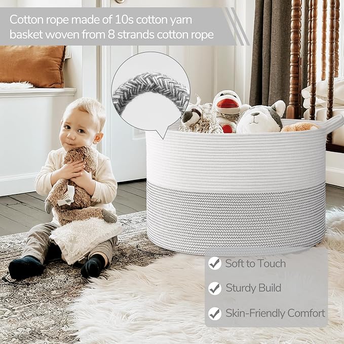 INDRESSME 115L Extra Large Woven Rope Blanket Basket Living Room, White | Storage baskets for organizing toys, laundry & pillows. Fits living room, bedroom or nursery décor. Soft-touch with handles