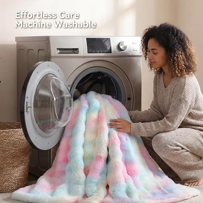 Faux Rabbit Fur Throw for Couch - Rainbow Bubble Blanket 60"x80" | Fluffy Plush Fuzzy Colorful Throw for Sofa & Bed, Super Soft Cozy Comfrt Blanket, Luxury Rainbow Decor Gift for Women