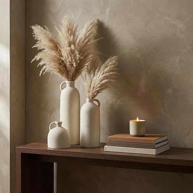Flower Vase Set of 3, Ceramic Home Decor for Living Room - Modern Rustic Farmhouse Centerpiece for Table, Shelf & Bedroom - Decorative Vases for Office, Bathroom, Dining Desk