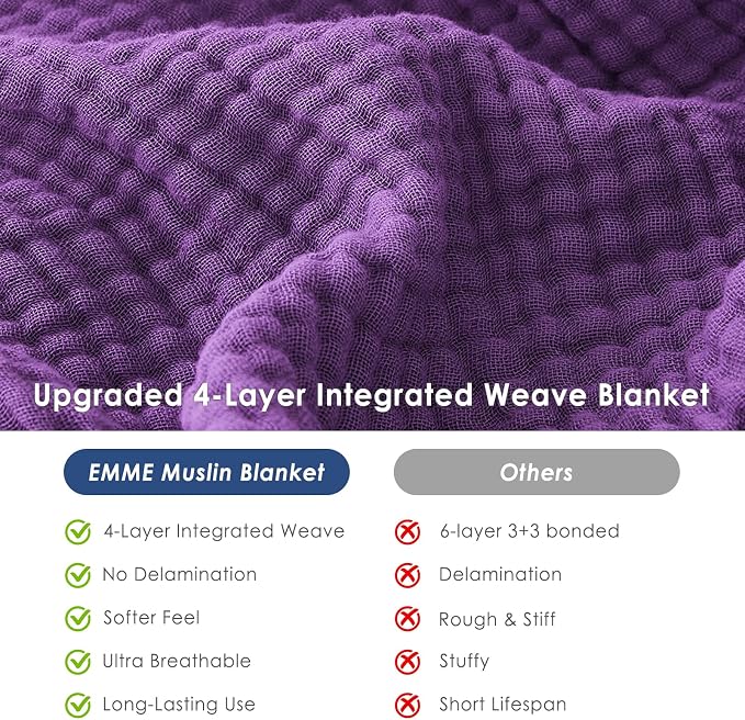 EMME Muslin Blankets for Adults Throw Blanket for Couch Breathable Gauze Soft Lightweight Airy Purple Throw XL 50" x 71"