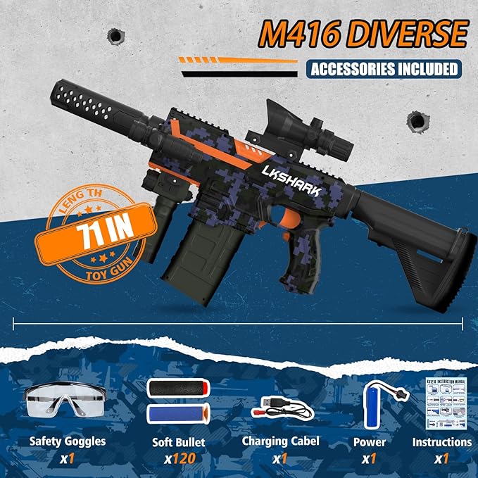 Automatic Toy Foam Blaster with Scope, Electric Toy Gun Dart Blaster with 120 Foam Darts for Nerf Guns, IR, Flashlight, Goggles, Air Pocket Technology Outdoor Shooting Game Kids Toys for 8-12 -Black
