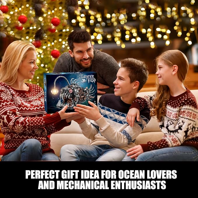 Steampunk Mechanical Lantern Fish Building Set with Light, Creative Ocean Animal Toy for Home Office Decor, Compatible with Lego for Adults, STEM Gift for Teens Kids Boys 8-14 (1038 PCS)