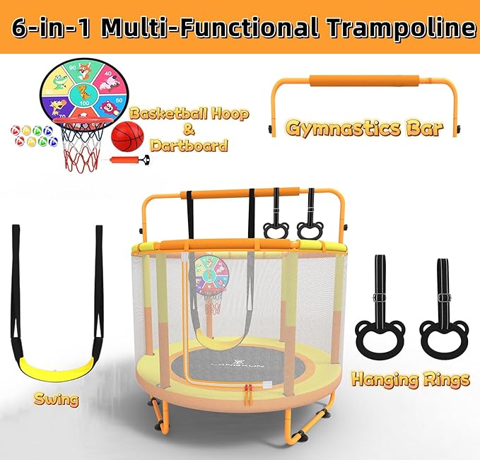LANGXUN 60" Trampoline for Kids, 5ft Toddler Mini 6-in-1 Trampoline Indoor Outdoor with Swing, Basketball Hoop, Dart Board, Gymnastics Bar, Rings, Christmas Toys Birthday Gifts for Girls Boys