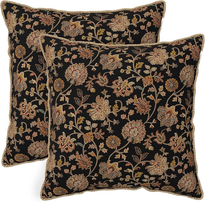 Vintage Tapestry Floral Soft Velvet Throw Pillow Covers Set of 2 Black Brown Bohemian Boho Carpet Flowers Decorative Pillow Covers 20x20 Inch Rustic Retro Rug Pillow Case For Sofa Couch Home Decor