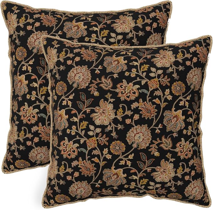 Vintage Tapestry Floral Soft Velvet Throw Pillow Covers Set of 2 Black Brown Bohemian Boho Carpet Flowers Decorative Pillow Covers 18x18 Inch Rustic Retro Rug Pillow Case For Sofa Couch Home Decor