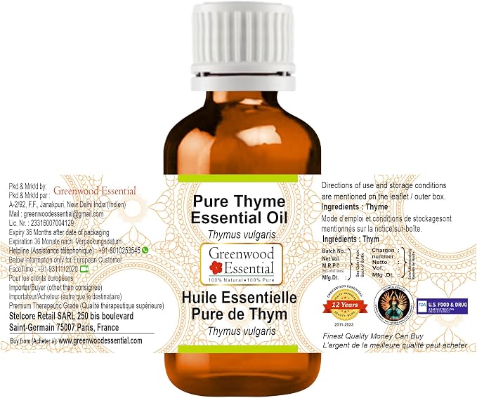 Greenwood Essential Thyme Essential Oil (Thymus vulgaris) Steam Distilled (Pack of Five) 100ml X 5(16.9 oz)