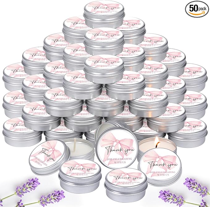 MTLEE 50 Pcs Bow Baby Shower Favors Scented Candles Gift Travel Tin Candle Aromatherapy Candle Favors for Baby Shower Wedding Gifts Compound Scent Essential Oil 1.57 x 0.67''