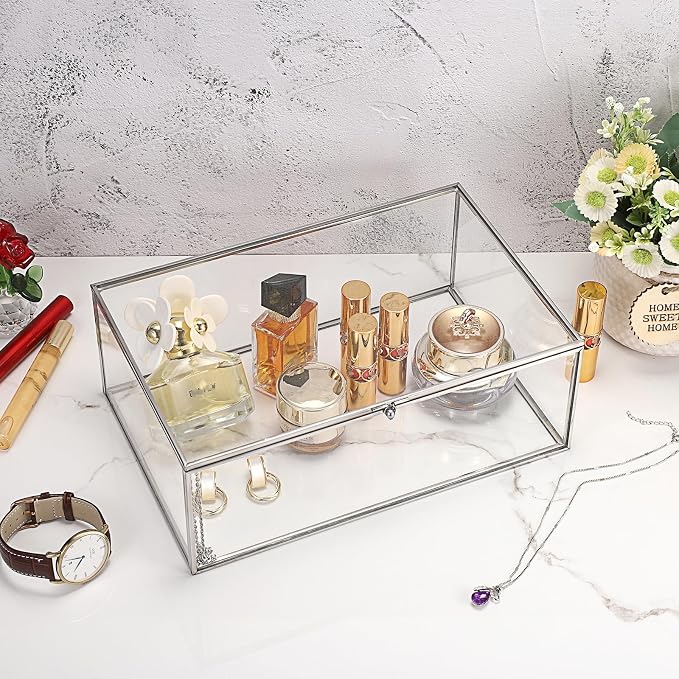 Hipiwe Vintage Glass Box with Lid Clear Jewelry Display Organizer, X-Large | Rectangle Vanity Lidded Boxes Home Decor Accent Silver Decorative Glass Box for Keepsakes Trinket Perfume