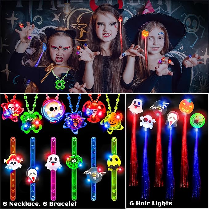 84 Pack Halloween Party Favors, Halloween Toys Gifts for Kids, LED Rotating Necklaces Flash Hair Lights Light Up Bracelets Rings Glow In The Dark Bouncy Ball Temporary Tattoos Halloween Party Supplies