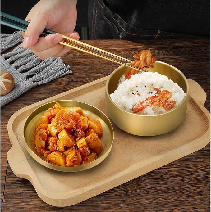Stainless Steel Rice Bowl with Lid, Set of 2, for Korean Kitchen Restaurant, Double-walled Metal Bowls, Multi-Purpose Insulated Soup Bowls Snacks Bowls (10.5cm Gold)